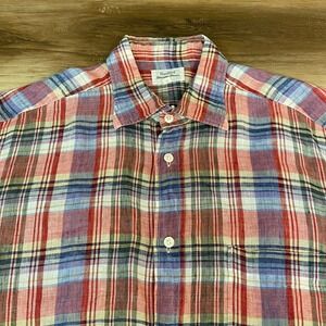 Hartford Plaid Linen Shirt Mens Medium Button Up Red Blue Casual Long Sleeve